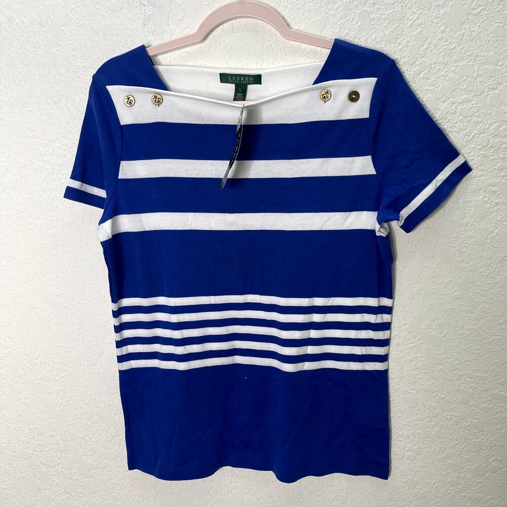 Lauren Ralph Lauren Womens L Blue White Striped Boat Neck Top Gold Buttons NWT